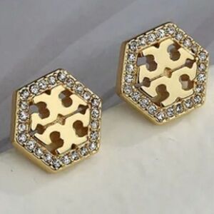 Tory Burch Gold Pave Hexagon Stud with Crystals Earrings